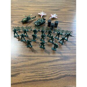 25 piece set toy Army men helicopter tank barrels fence and jets